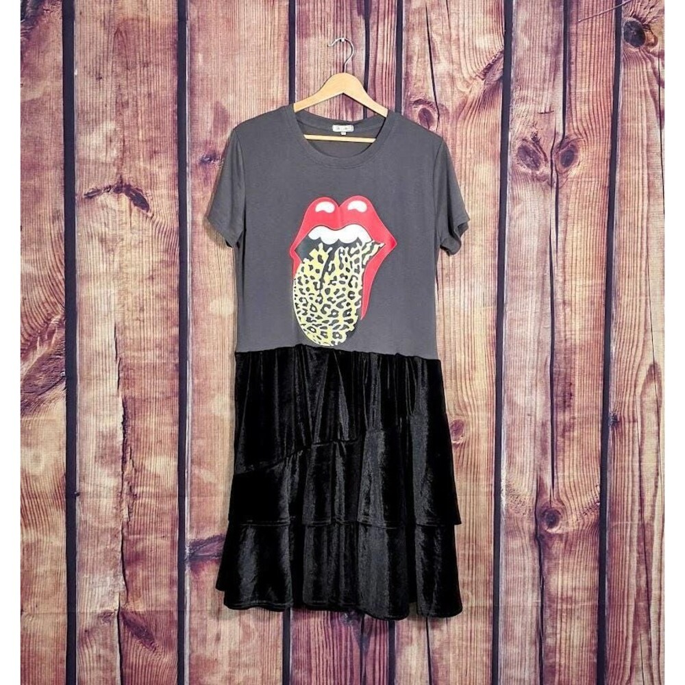 Upcycled Rolling Stones Black Velvet Tiered Tee Dress L XL